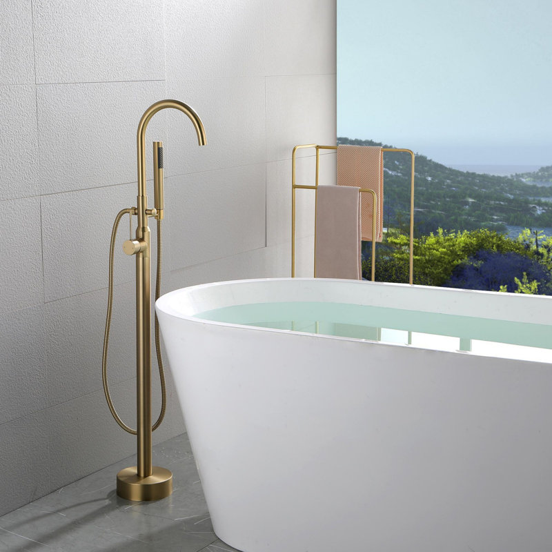 Robinet de baignoire autoportant à fixation au sol avec douche à main, Or brossé