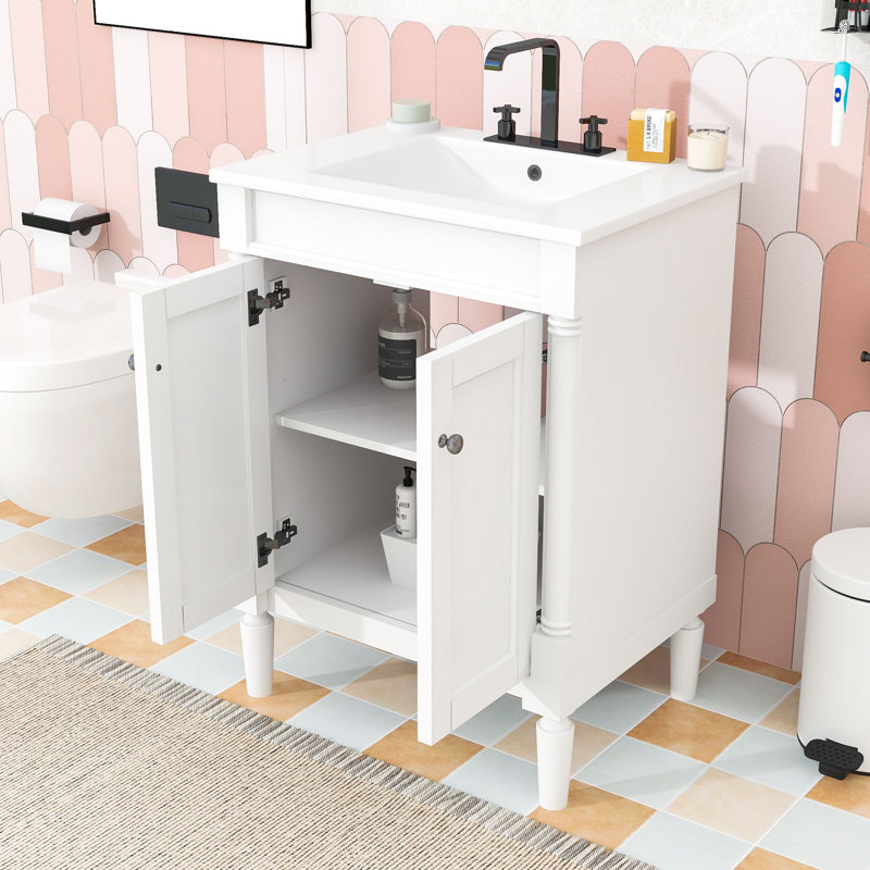 Ensemble de meuble-lavabo simple autoportant avec lavabo en céramique et armoire de rangement Eichman, Blanc