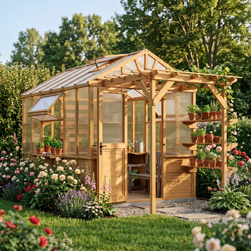 Serre d'extérieur en bois de cèdre avec pergola, panneaux en polycarbonate, tablettes, bancs de rempotage et fenêtres d'aération automatiques