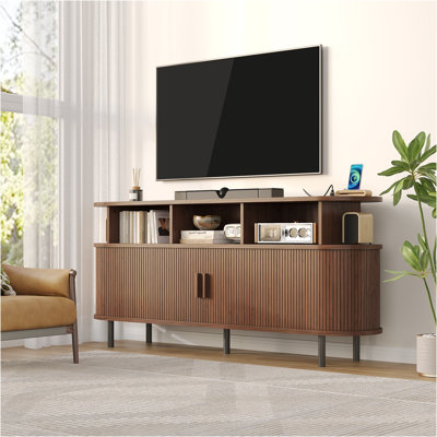 Large Round Record Player Stand with Charging Station, Vinyl Record Storage Cabinet with Sliding Door, Mid Century Modern Turntable Stand with Open Shelves for Bedroom Living Room
