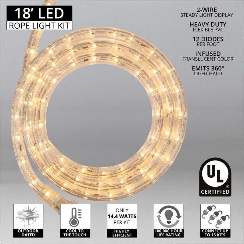 18FT 216 Light End-to-End Connectable LED Rope Lights, Warm White