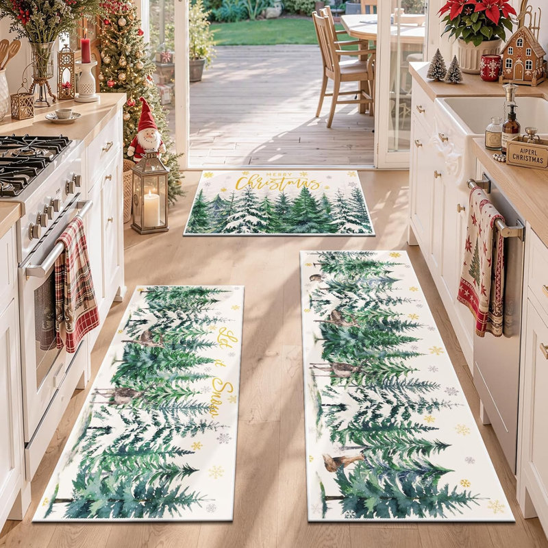Non-Slip Washable Kitchen Mat Christmas Decor (Set of 3), Green