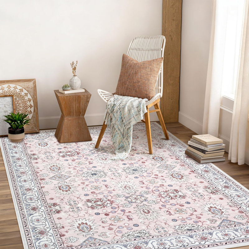4x6 Area Rug for Living Room, Washable Vintage Printed Soft Rugs, Non Slip Low Pile Carpet for Entryway, Kitchen, Bedroom, Pink