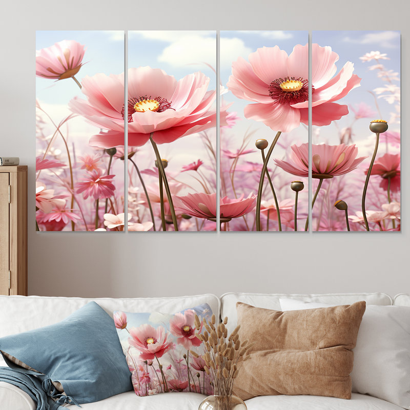 «Pink Glow Sunshine Blooms - Flowers», art mural 4 pièces pour le salon, H 28 po x l 48 po