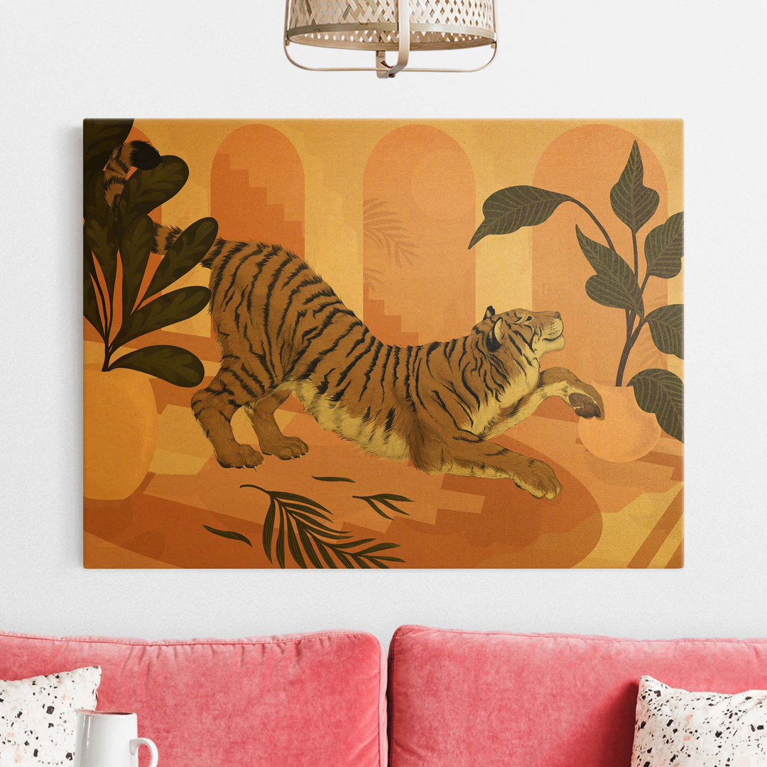 Leinwandbild Illustration eines Tigers in Pastellrosa von Laura Graves