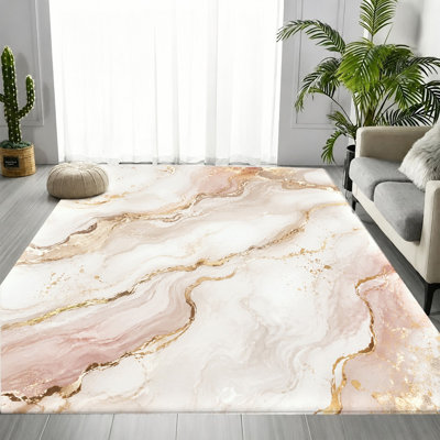 Abstract Pink Gold Marble Swirl Area Rug, Elegant Marble Texture Art Pattern, Soft Durable, Non-Slip Machine Washable Floor Carpet, Chic Stylish Indoor Home Decor for Living Room, Bedroom, Kitchen, Balcony, Apartment