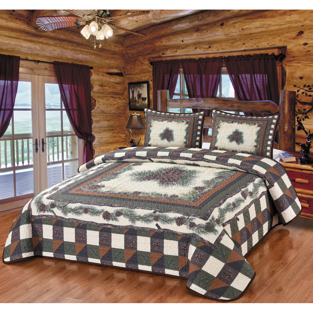 Pine Forest Checkered Plaid Pinecone Evergreen Woodland Lodge Cabin Decorative Quilt Bedding Set De Leon Collections