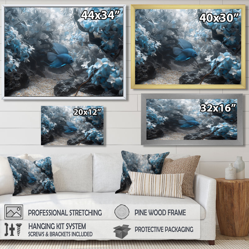 Art mural bleu et gris, oasis de poisson II - aquariums, salon, Toile tendue, H 12 po x l 20 po