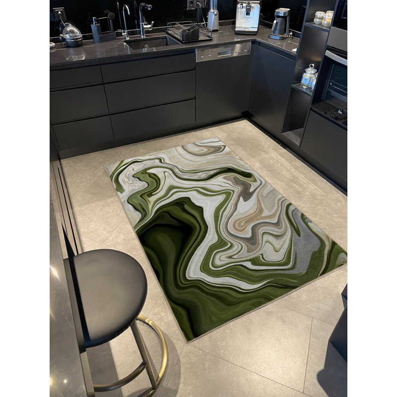 Tapis décoratif vert et beige, Tapis de couloir 3 pi 9,81 po x 9 pi 10,11 po