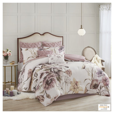 Ensemble d'édredon 8 pièces pour très grand lit rosé - literie à imprimé floral élégant avec coussins décoratifs
