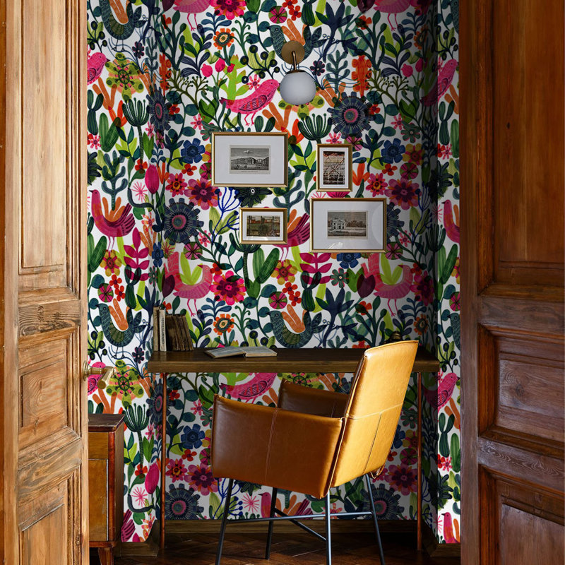 Scandinavian Folk Art Floral Wallpaper Pink