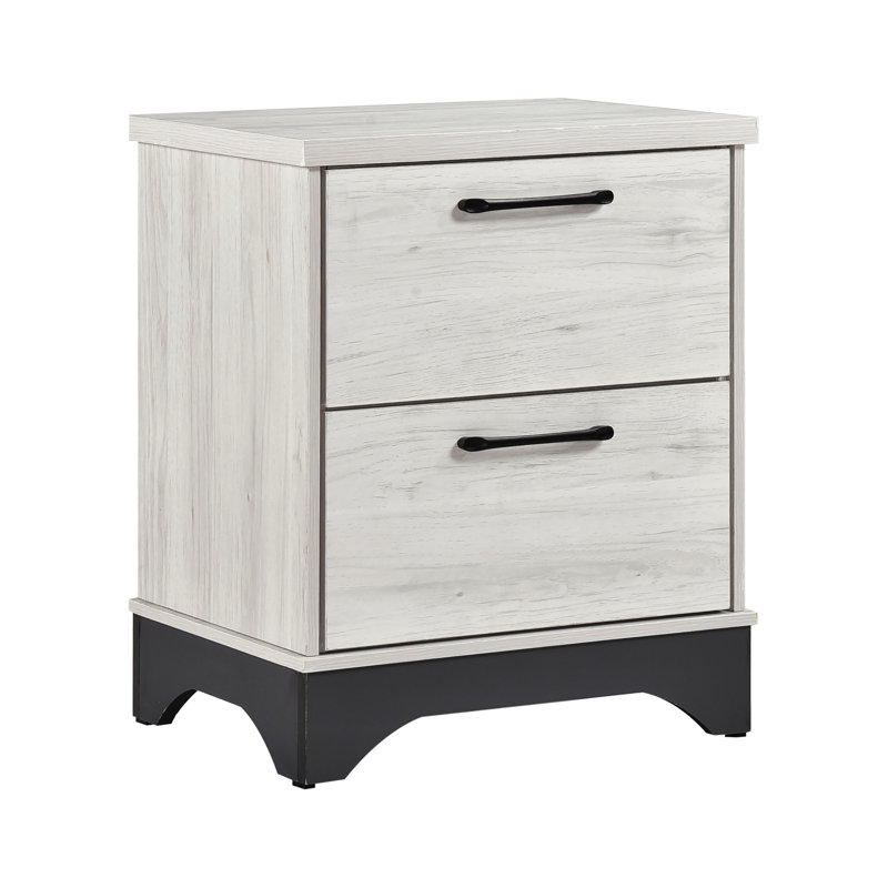Armoire de chevet contemporaine avec 2 tiroirs au fini chêne blanc et gris, système de glissières à roulement facile, poignées de bar noires, table de chevet moderne à 2 tons avec glissières fluides et ton sur ton