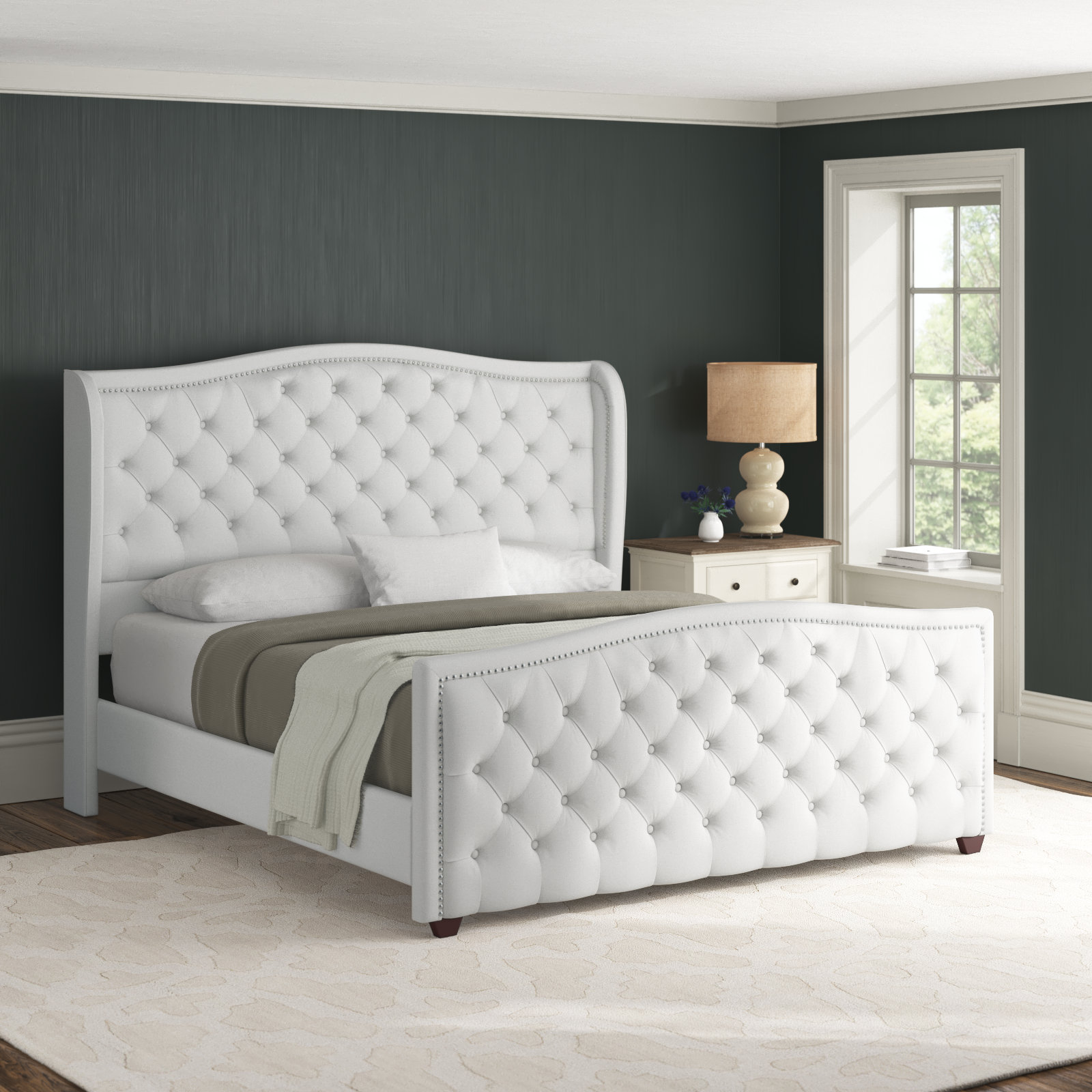 Coleman Velvet Upholstered Wingback Bed, Bright White Velvet, Queen