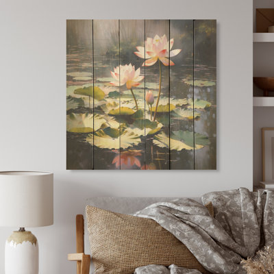 Watercolor Lotus Pond Of Wisdom - Lotus Wood Art On Natural Pine Wood
