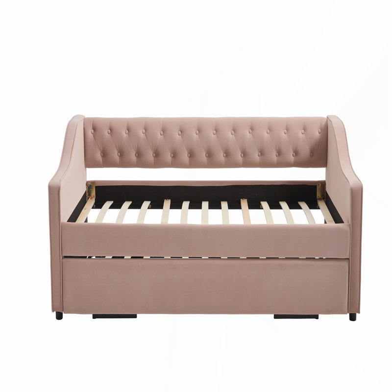 Twin Size Upholstered Daybed with Trundle, USB Port, Side Pockets, and Velvet Button-Tufted Back for Modern Bedrooms, Pink