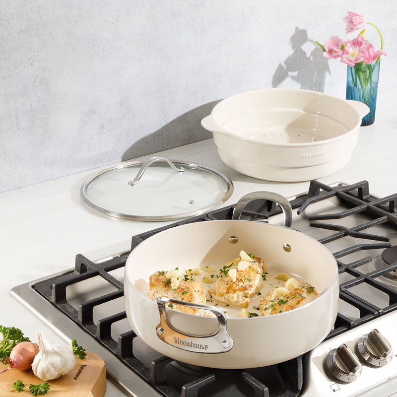 Bloomhouse - Oprah's Favourite Things - 6-QT Aluminum Enamel Everyday Pan W/ Non-Stick Non-Toxic Ceramic Interior And Ceramic Steamer Insert - Oat White