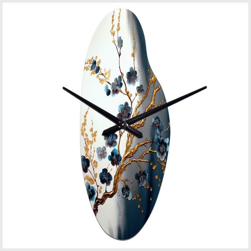 Blue Cherry Blossom Branch V - Bonsai, horloge murale asymétrique, Médium