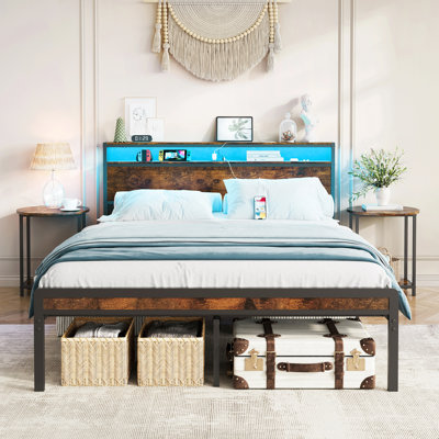 Antique Full Bed Frame With Charging, Rustic Brown Tone, Headboard, And - Quick Assembly, Under Bed Space Size In Look, Black Color, Iron Particle Board Mattress Sagging, 120V Charging