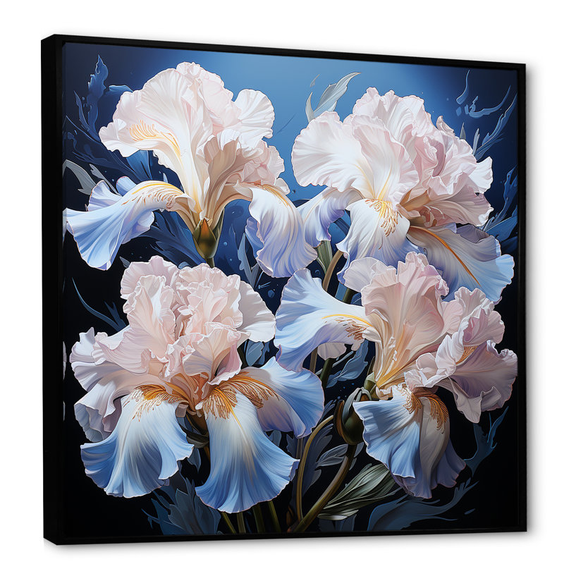 Iris baignant dans une aura argentée au clair de lune II sur toile, Cadre flottant noir, H 30 po x l 30 po x P 1 po