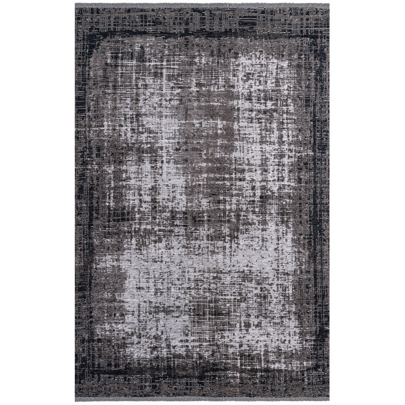 Tapis gris / ivoire en polyester tissé à la machine Ridgeland, Rectangle 3 pi 9 po x 5 pi 11 po