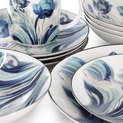 Peony Garden 16 Piece Abstract Design Round Porcelain Dinnerware Set Multicolor
