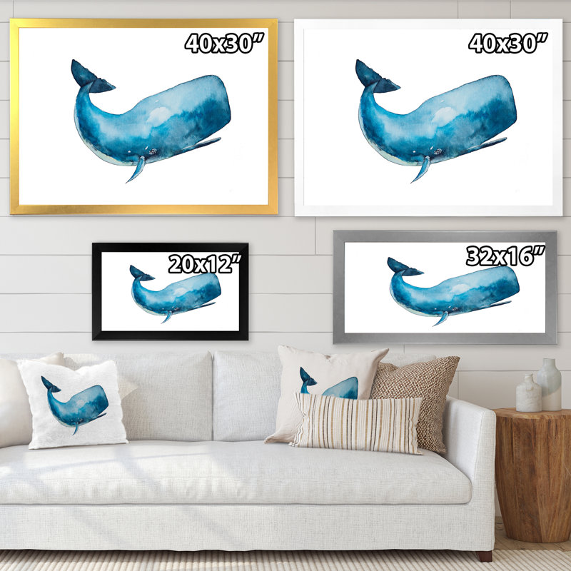 Baleine bleue sur fond blanc I - Peinture sur toile, H 30 po x l 40 po, Cadre photo blanc