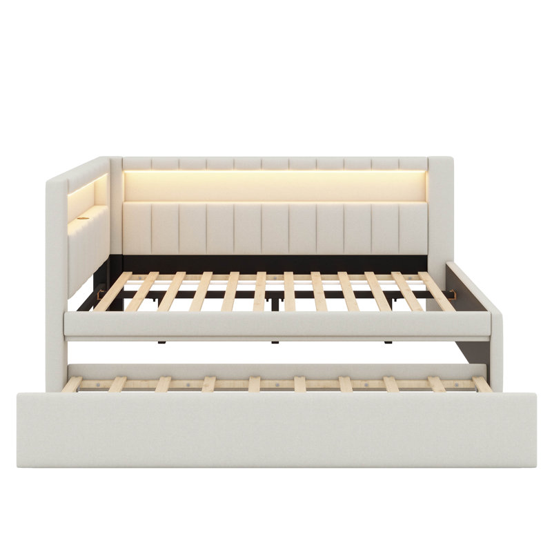 Lit plateforme entièrement rembourré avec ports USB, bande à DEL et lit gigogne, Double, Blanc