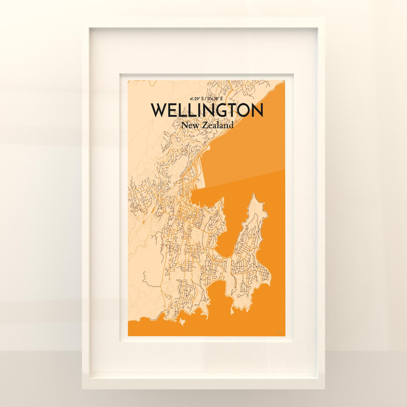 Wellington, carte de la ville, impression, H 36 po x l 24 po, Orange / or pâle