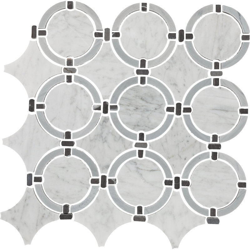 Carreau de mosaïque mural rond en pierre naturelle 14 po x 14 po Raine, gris