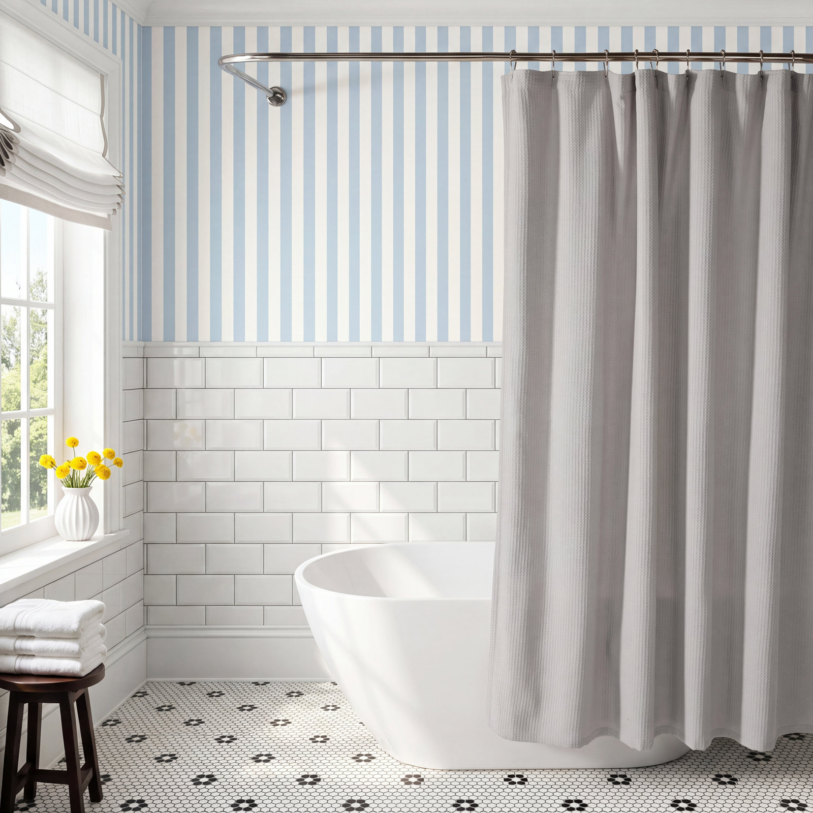 Waffle Textured Cotton Blend Shower Curtain, Gray
