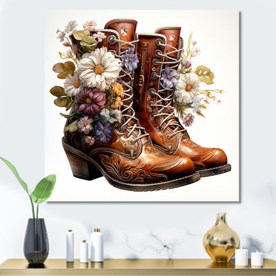 Art mural brun avec bottes Western Flower Blossoms II - Cowboys