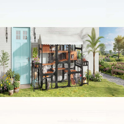 Grande cage d'extérieur en bois pour chat avec 2 supports à plantes, parc à plusieurs niveaux, toit résistant aux intempéries et boîte de repos pour patio