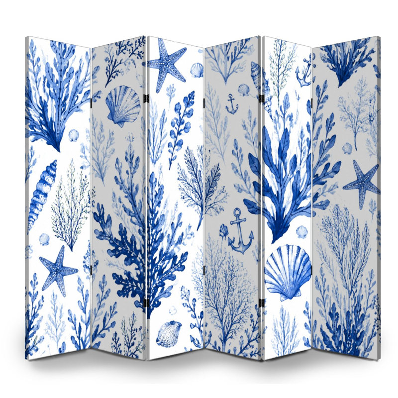 Cloison pliante 6 panneaux paravent en toile de corail nautique bleu royal blanc, 6, H 71 po x l 96 po x P 1 po