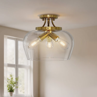 Penley 3 - Light 13.8" Glass Semi Flush Mount Ceiling Light in Brushed Brass