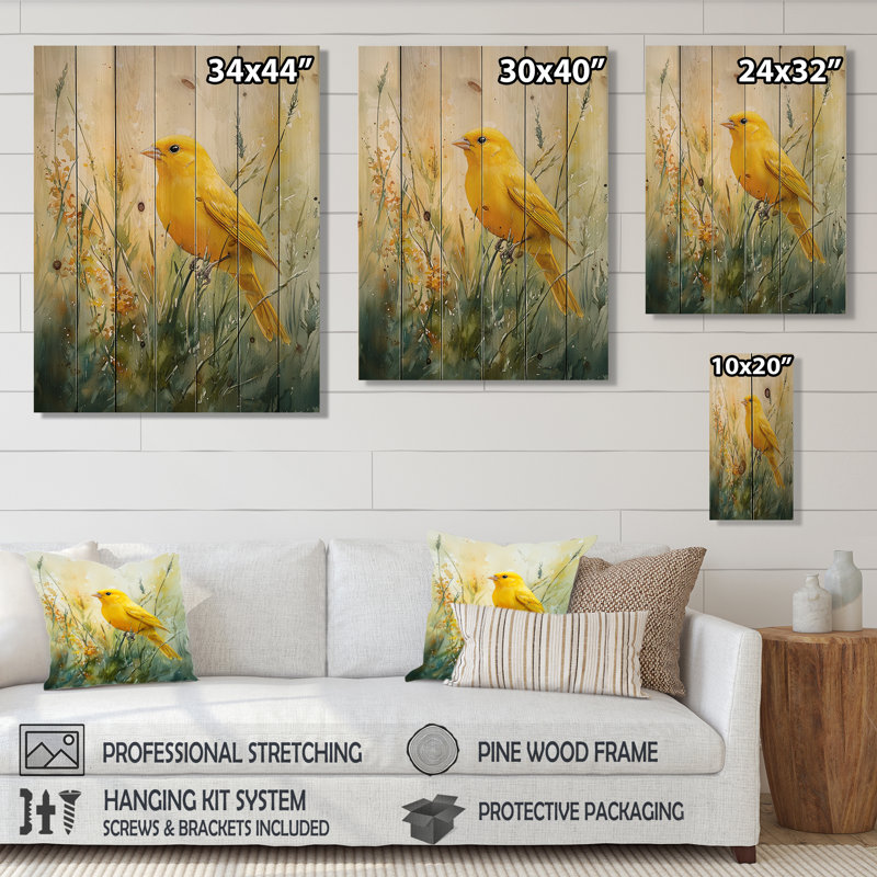 Oiseau canari dans les fleurs III - Art mural en bois oiseau - sur bois de pin naturel, H 40 po x l 30 po x P 0,78 po