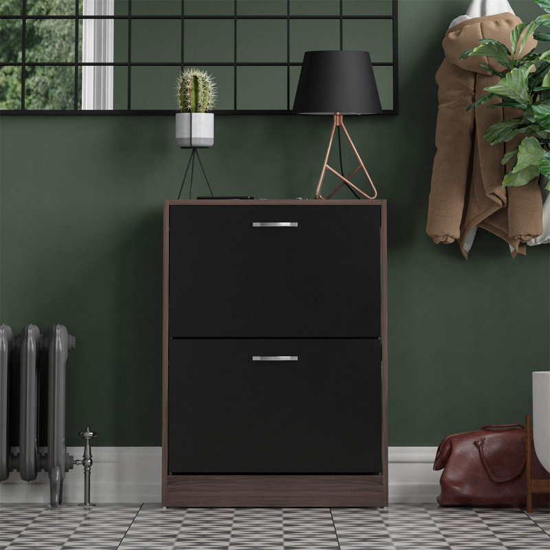 Vida 3 Drawer Flip Down Shoe Storage Free Standing Cabinet For Hallway, Walnut/Black, 80" H x 60" W x 24" D