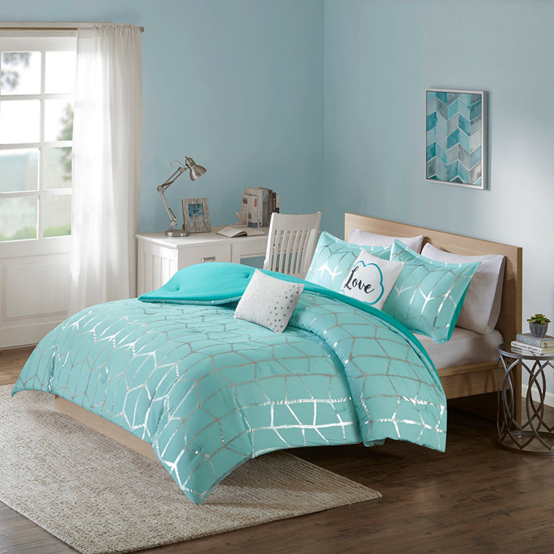 Ensemble d'édredon simple / simple TG, Aqua / argenté, Twin Comforter + 3 Additional Pieces