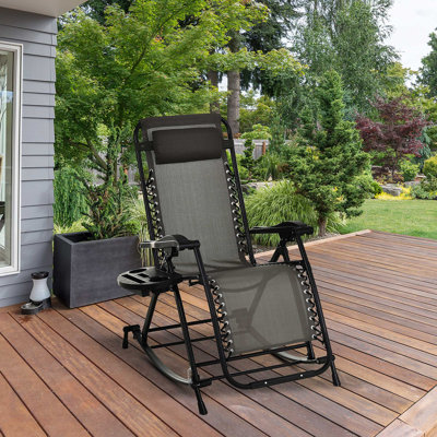 Foldable Reclining Anti-Gravity Rocking Chair With Pillow, Cup & Phone Holder, And Folding Legs For Outdoor Comfort
