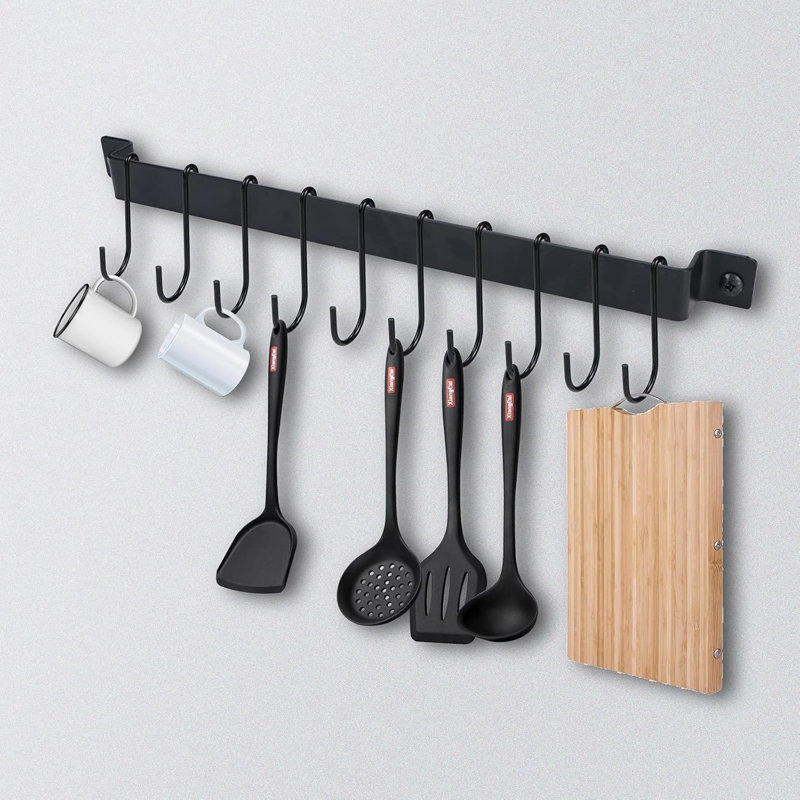 Support de cuisine en fer forgé: support à ustensiles mural à 10 crochets avec finition noire - idéal pour les casseroles, les poêles et les tasses à café