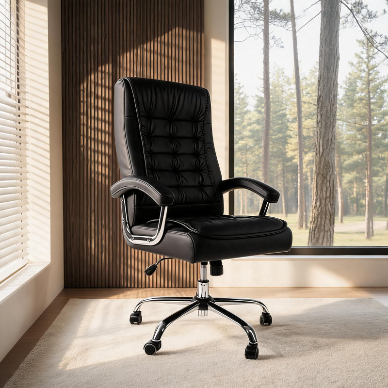 Black high back executive chair PU leather spring padded seat ergonomic swivel computer chair chrome armrest holds 350 lbs home office