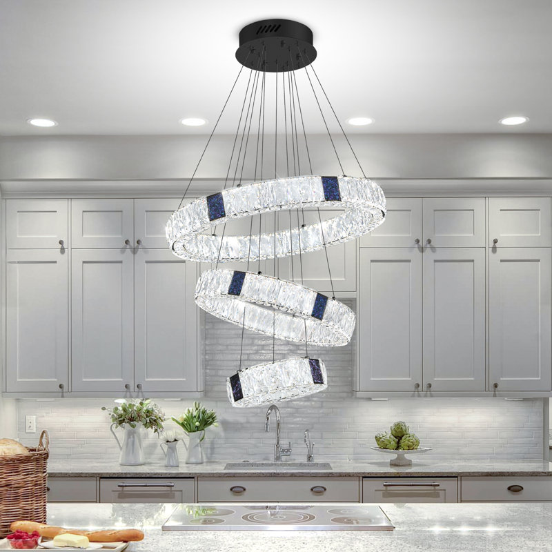 Luminaire suspendu moderne en cristal noir à anneaux pour salon, salle à manger, cuisine à 3 anneaux 8 po + 16 po + 24 po