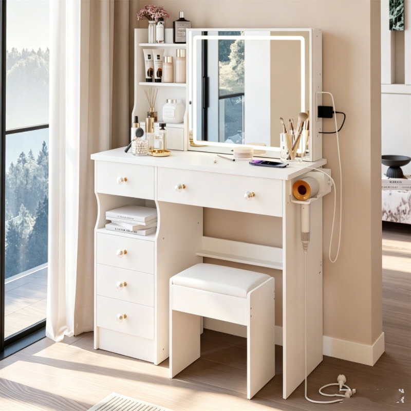  Meuble-lavabo avec miroir coulissant à DEL à commande tactile, coiffeuse avec douille 2AC et 2USB et support pour sèche-cheveux, tabouret de maquillage pour la chambre à coucher, blanc