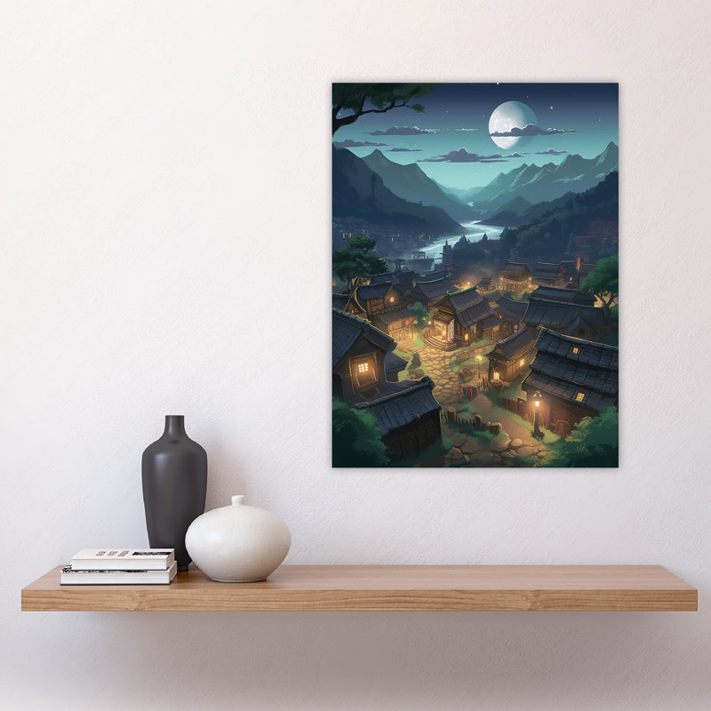 Wall Art Print Full Moon Over Peaceful Village with Traditional Chalet Houses Painting Moonlit Night Mountainside Bright Lit Windows Poster