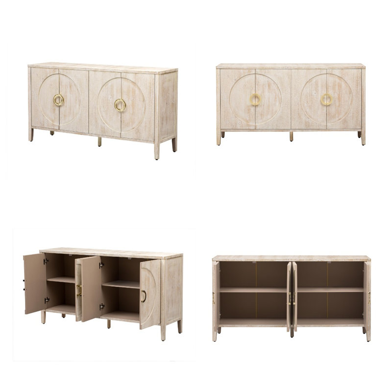 Sophisticated Sideboard With Embossed Texture, Round Handles And Built-in Circular Pattern, Natural
