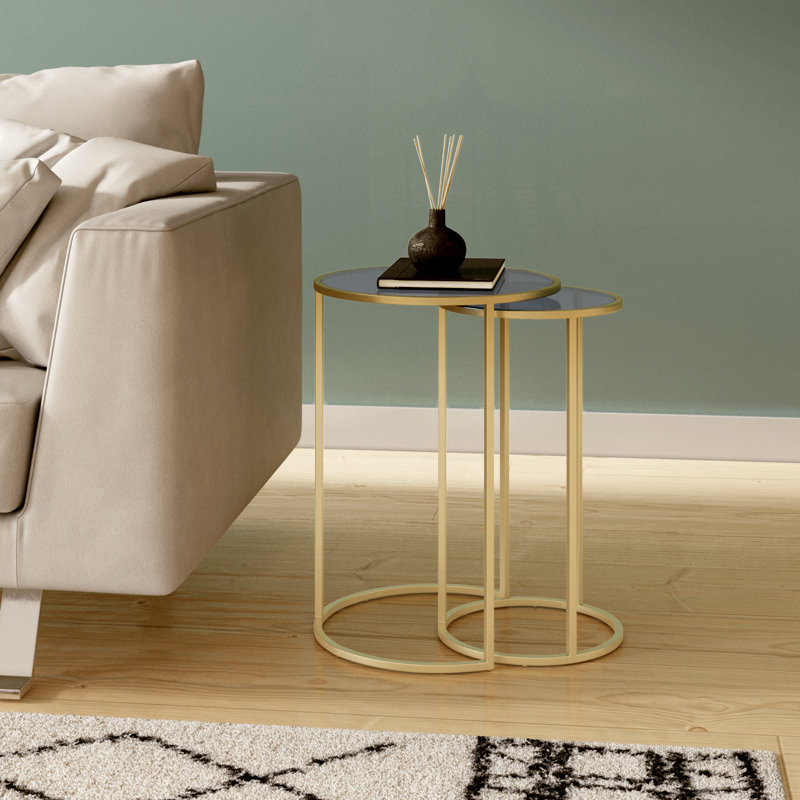 Blanton Glass Top Frame Nesting Tables, Grey/Gold