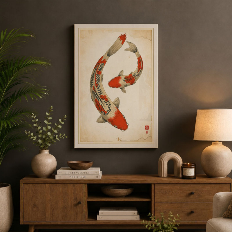 Twin Koi Dance Japandi - Wrapped Canvas, 30x20 - 76.2 x 50.8 cm, Cream Border