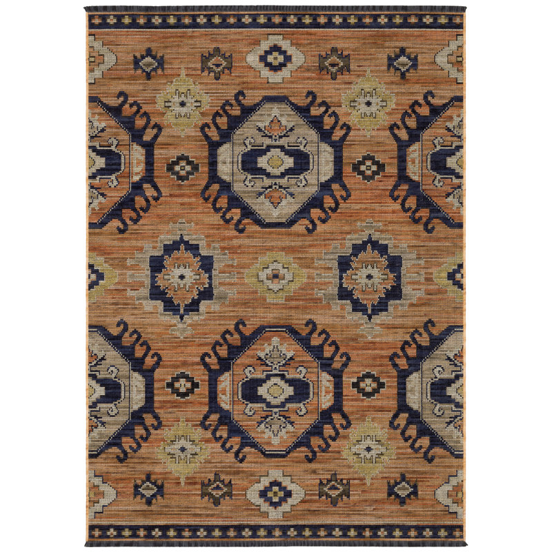 Tincie Tribal Medallion Terracotta / Blue Wool Blend Area Rug, Rectangle 5'3" x 7'6"