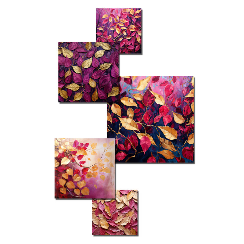 Feuilles dorées et roses avec feuillage - ensemble d'art mural de 6 feuilles