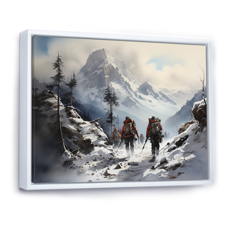 " Mountain Hiking In Winter ", White Floater Framed, 30" H x 40" W x 1.5" D