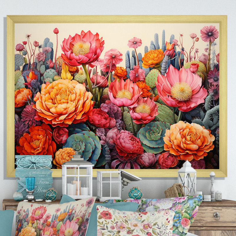 Désert cactus jardin IV - art mural désert, Cadre doré simple, H 24 po x l 32 po x P 1 po